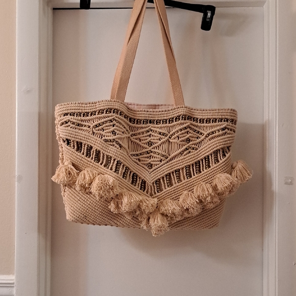 Cleobella Handbags - Cleobella Swoon Large Peachy Cream  Macrame Tote W/ Beads  & Tassels  Excellent